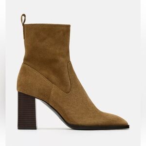 Zara Tan Suede Ankle Boots block heel size 9